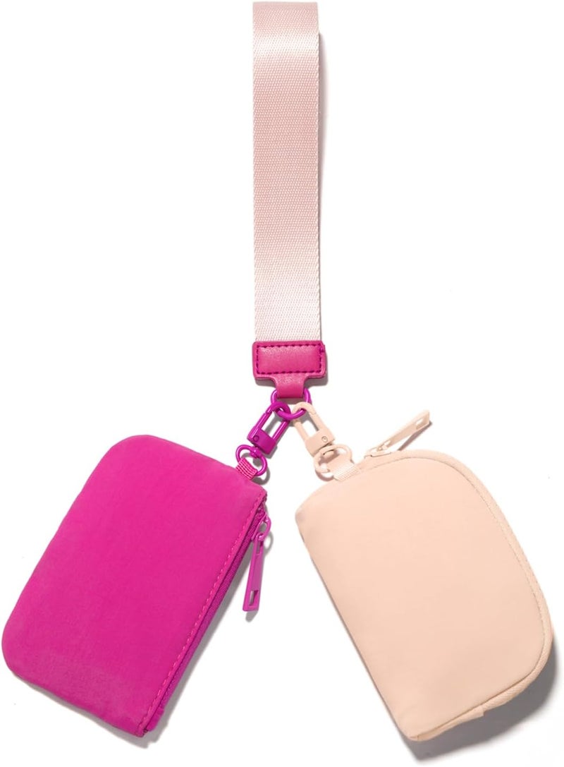 Viverte Mini Zip Around Keychain Wristlet Wallets Small Portable Dual Pounch Wristlet Detachable Coin Purse Pocket Gifts for Teen Girls Travel Sports Outdoors (Rose Red+Coarl Pink) - Image 1
